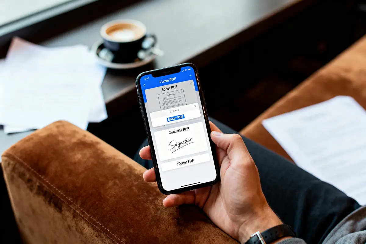 Personne tenant un smartphone affichant l'application "I Love PDF" pour éditer et signer des documents, café à proximité.
