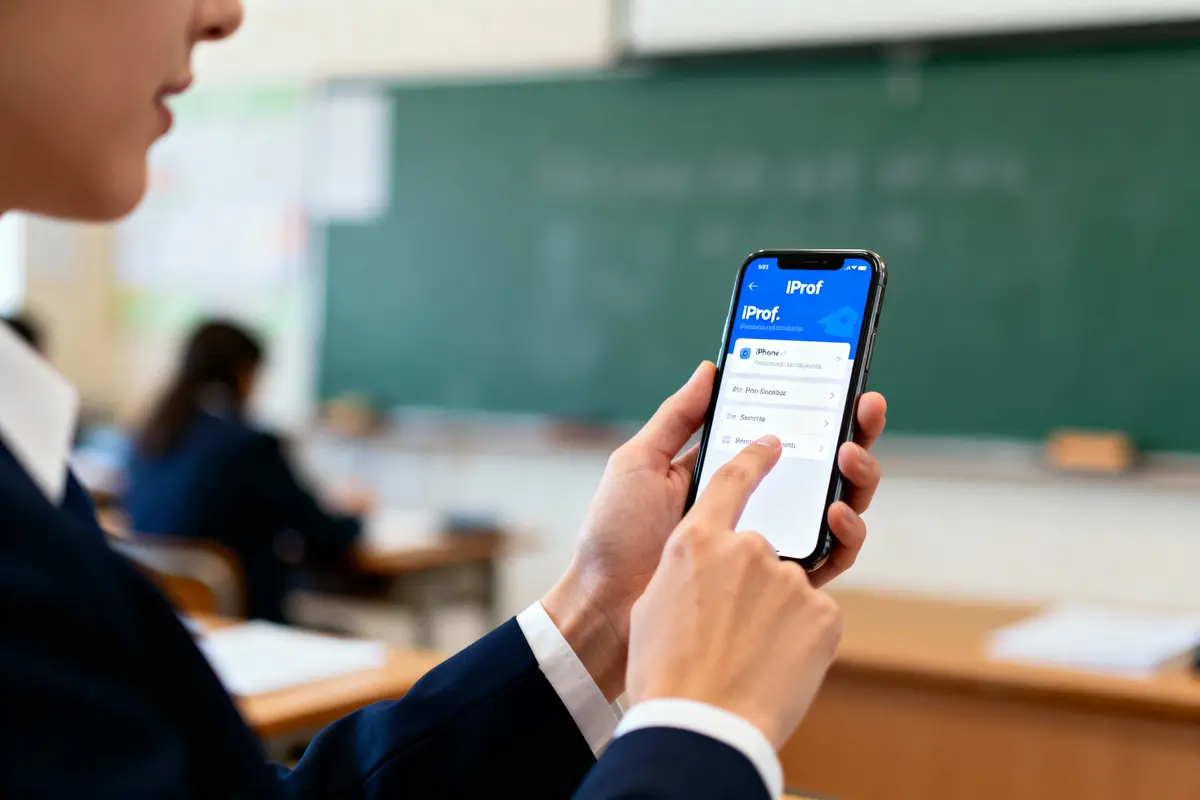 Personne utilisant l'application iProf sur smartphone, salle de classe en arrière-plan avec tableau vert.