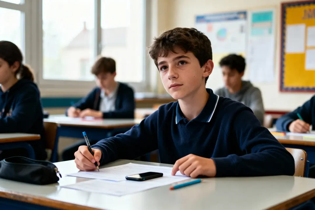 Un élève concentré en salle de classe, écrivant sur une feuille, portable à proximité sur le bureau.