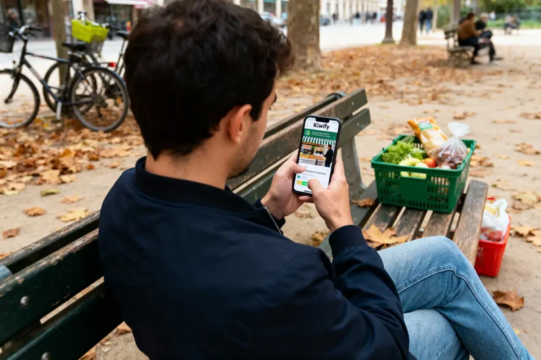 Un homme utilise un smartphone sur un banc, près de provisions dans un panier vert, parc avec feuilles mortes.