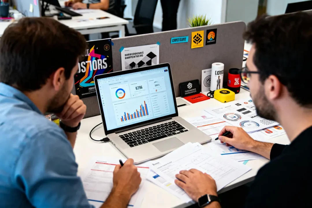 Deux hommes analysant des graphiques financiers sur un ordinateur portable dans un bureau moderne.