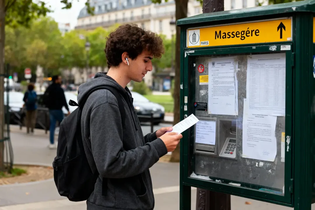 Jeune homme avec sac à dos lisant des papiers devant un panneau d'affichage à Paris.