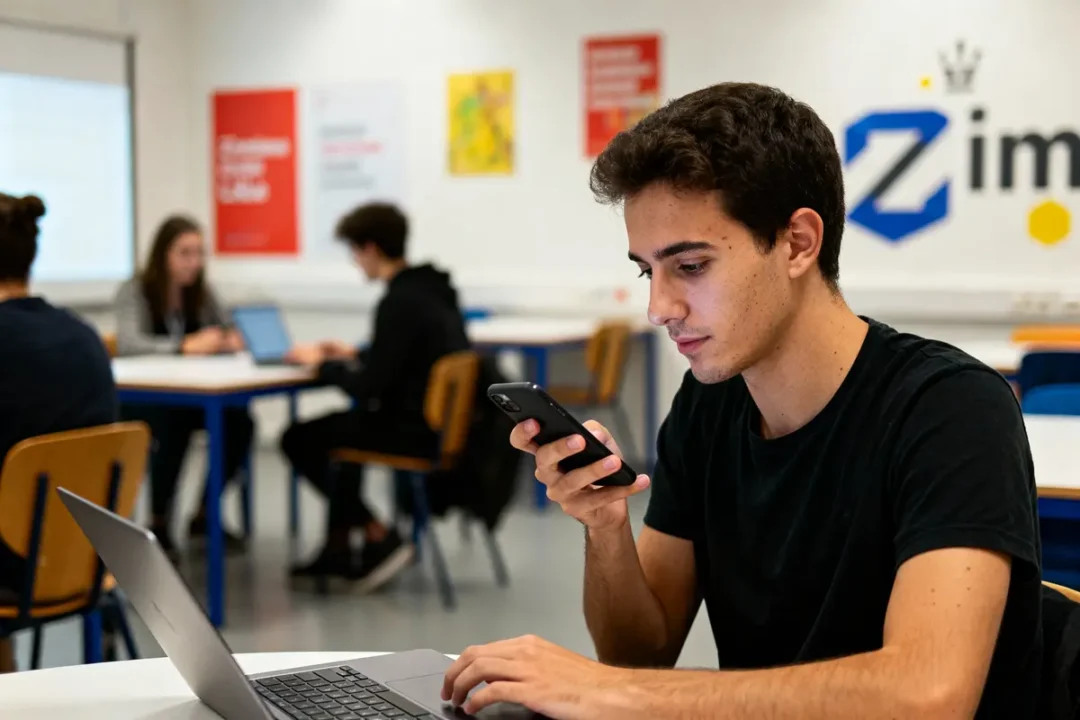 Un jeune homme utilise smartphone et ordinateur dans une salle de classe, étudiants en arrière-plan.