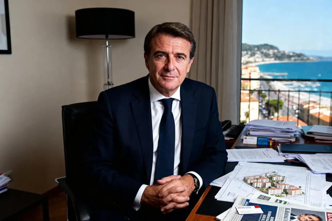 Homme en costume assis à un bureau, vue sur la mer en arrière-plan, documents éparpillés.