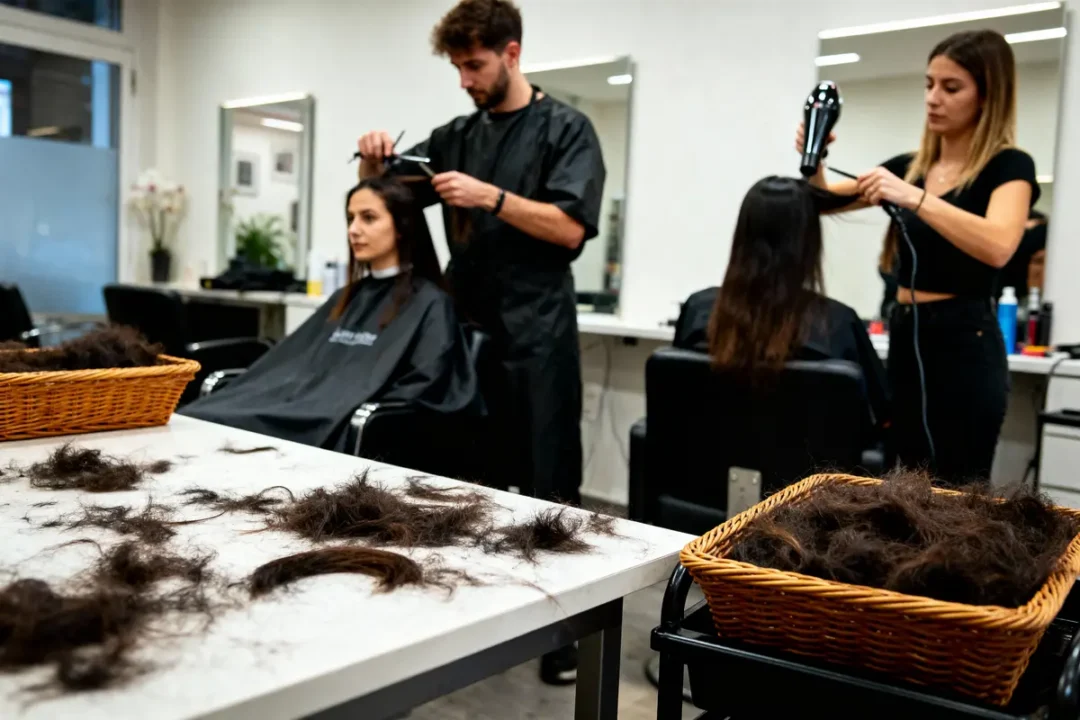Salon de coiffure : deux personnes se font couper et coiffer, cheveux coupés sur le comptoir.