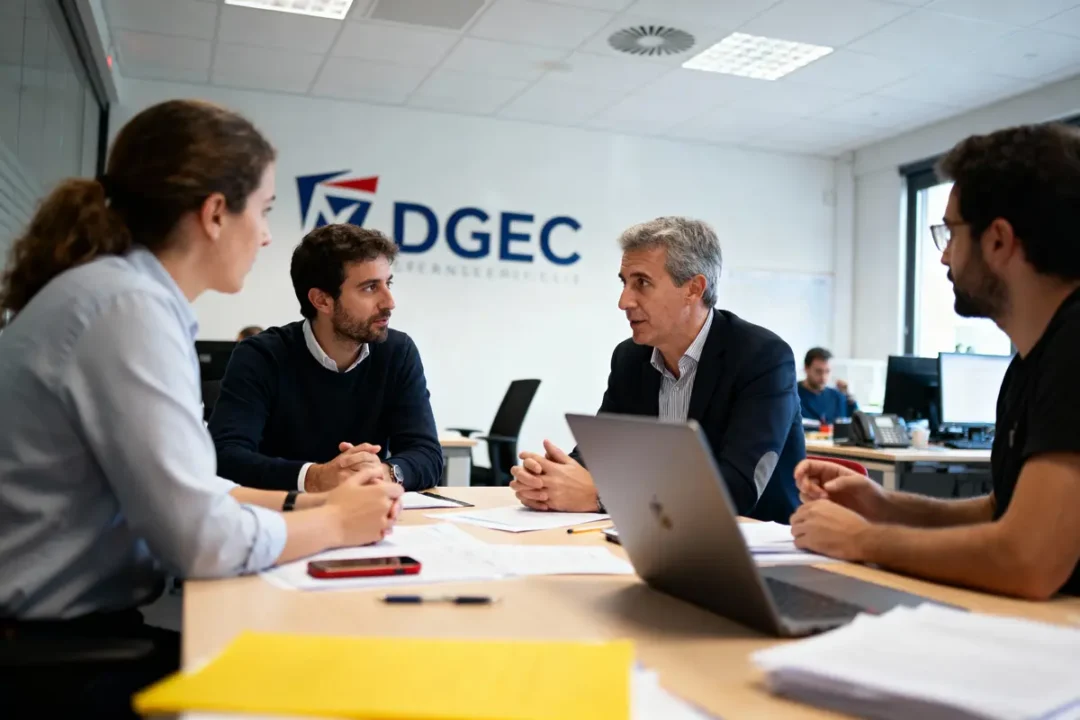 Quatre personnes discutent autour d'une table dans un bureau moderne avec ordinateurs et logo DGEC en arrière-plan.