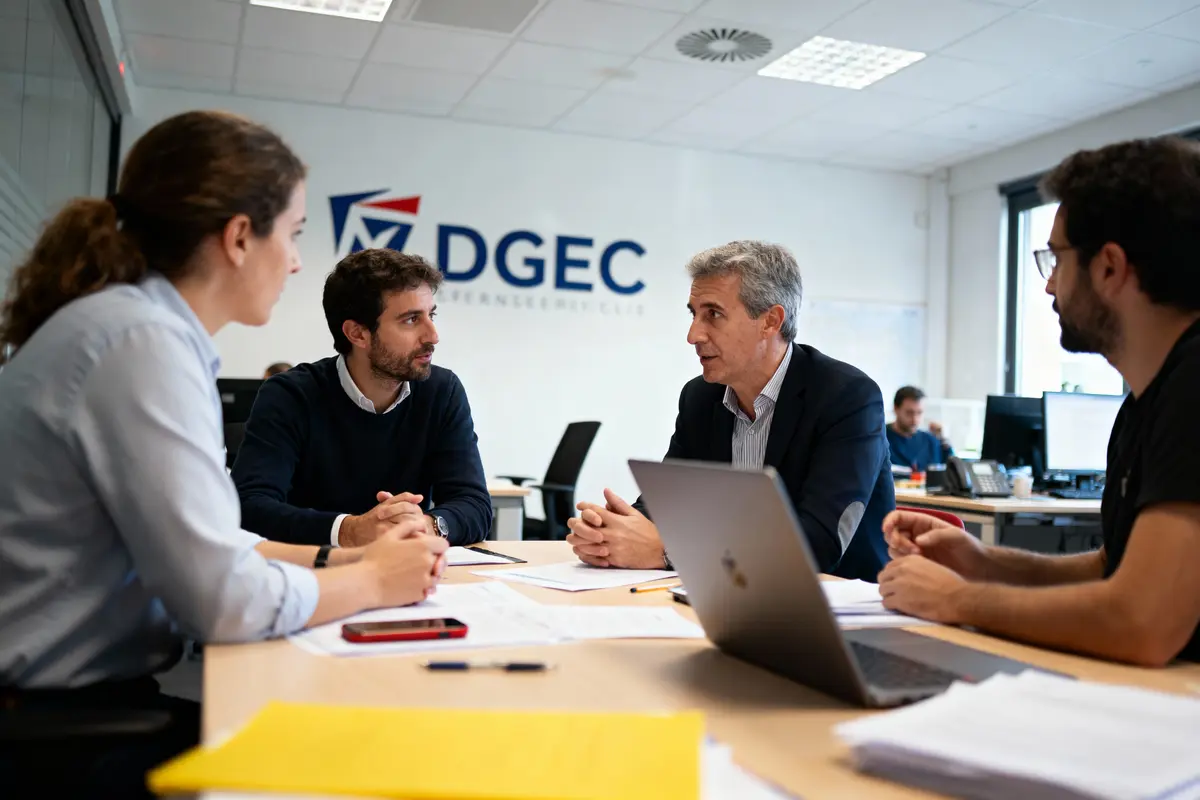 Quatre personnes discutent autour d'une table dans un bureau moderne avec ordinateurs et logo DGEC en arrière-plan.