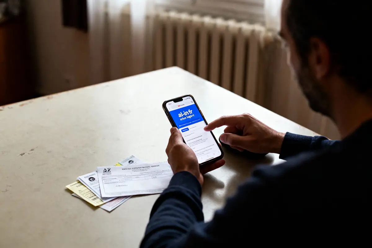 Personne utilisant un smartphone pour naviguer sur un site web, avec des papiers posés sur la table.