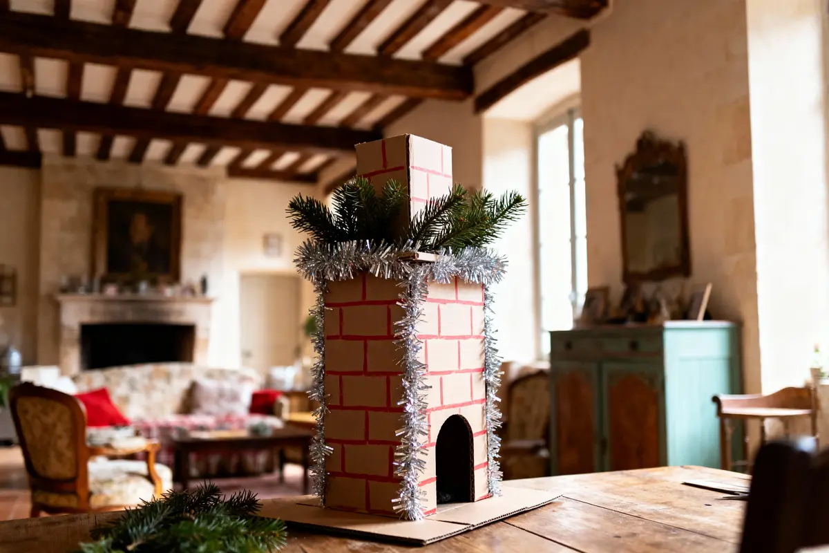 Décoration cheminée en carton avec guirlande argentée, branches de sapin, sur table en bois, salon rustique.