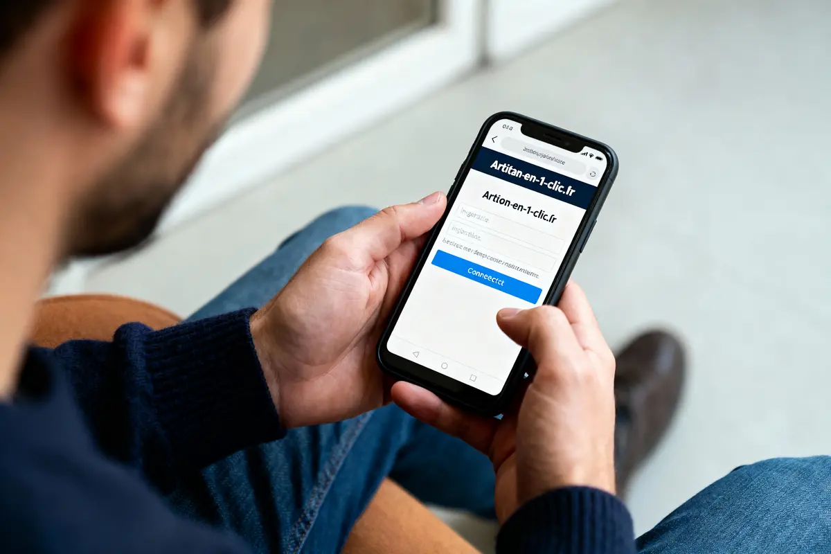 Personne tenant un smartphone affichant un site web de connexion nommé "Artisan-en-1-clic.fr", prêt à se connecter.