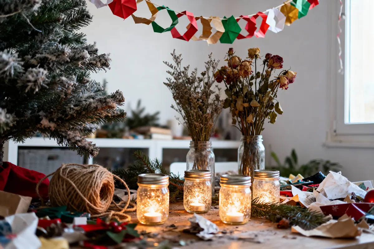 Bougies et pots sur table décorée, couronne de papier coloré, décorations de Noël, branches de sapin.