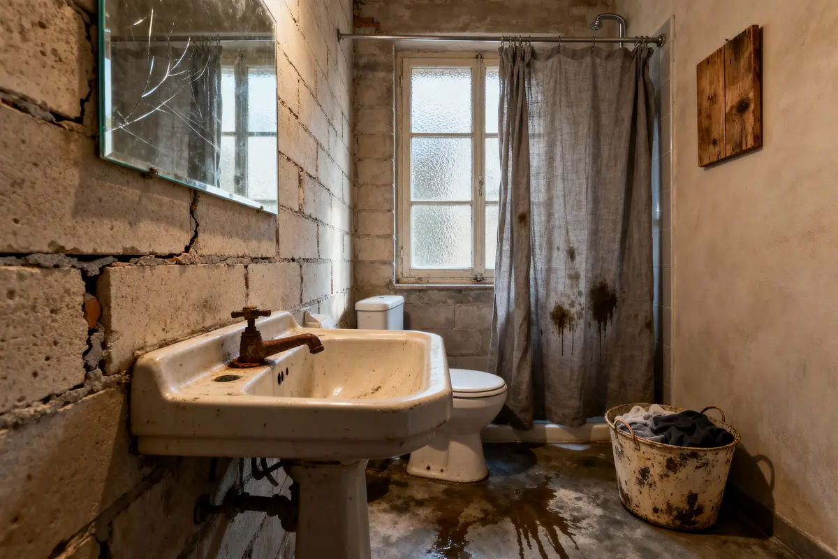 Salle de bain délabrée, murs fissurés, miroir cassé, rideau de douche sale, seau et lavabo ancien.