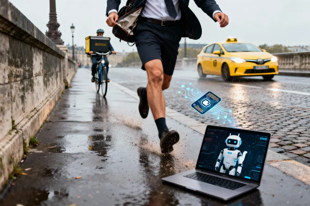 Homme courant sous la pluie, livreur en vélo, taxi, ordinateur portable avec robot IA sur écran.