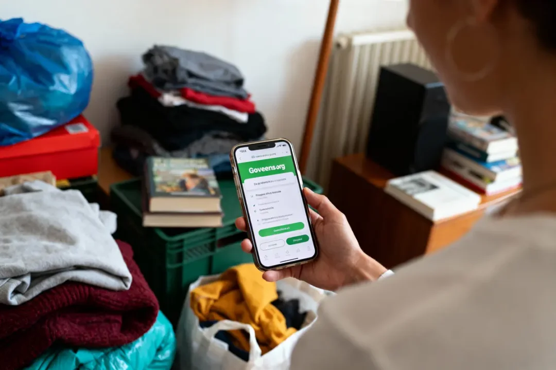 Personne tenant un smartphone affichant le site "Goveens.org" devant des vêtements empilés et des livres.
