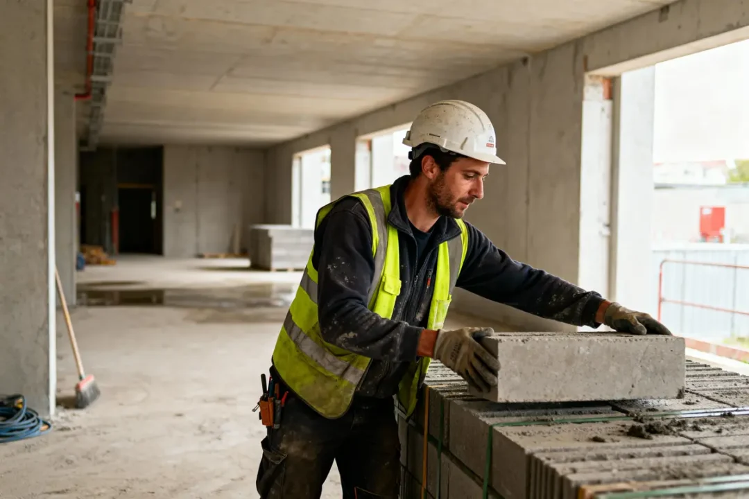 Ouvrier en gilet et casque, manipulant des parpaings sur un chantier de construction intérieur.