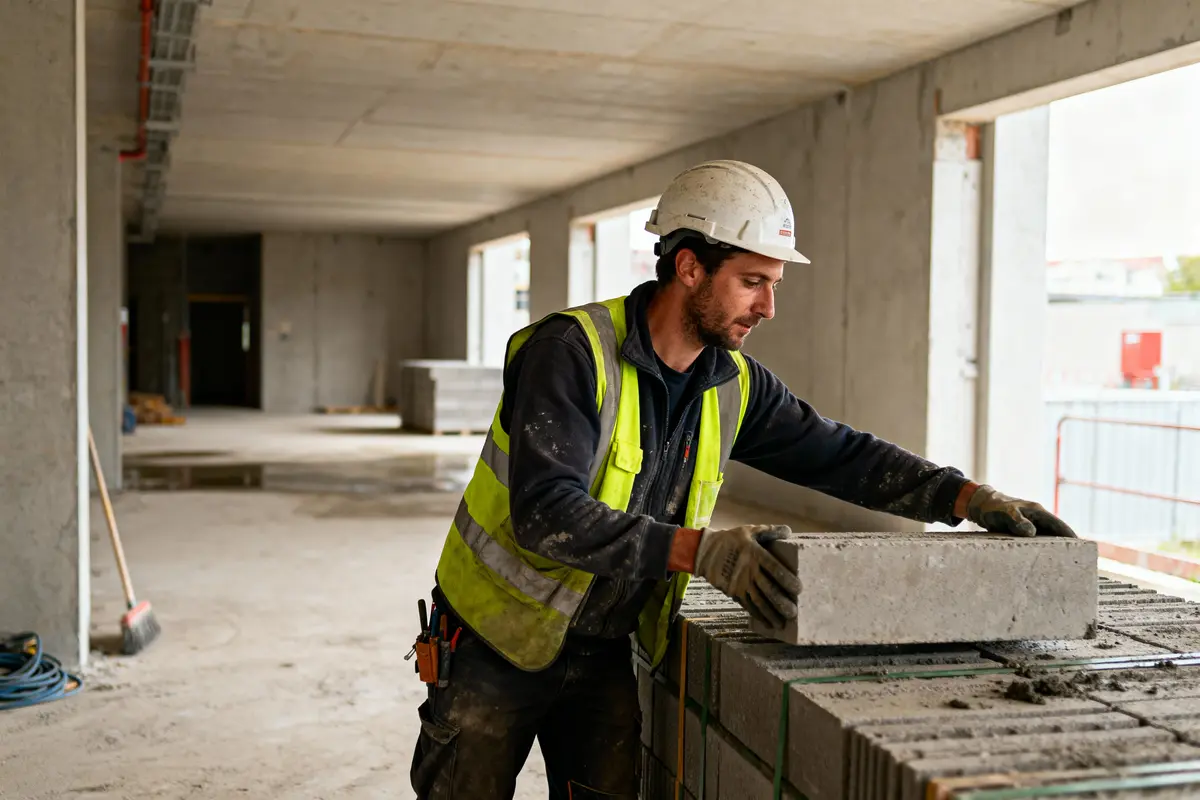 Ouvrier en gilet et casque, manipulant des parpaings sur un chantier de construction intérieur.