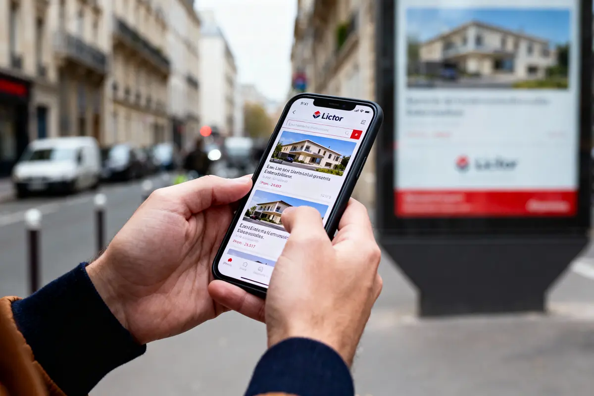 Personne utilisant une application immobilière sur téléphone, rue urbaine floue en arrière-plan, panneau publicitaire visible.