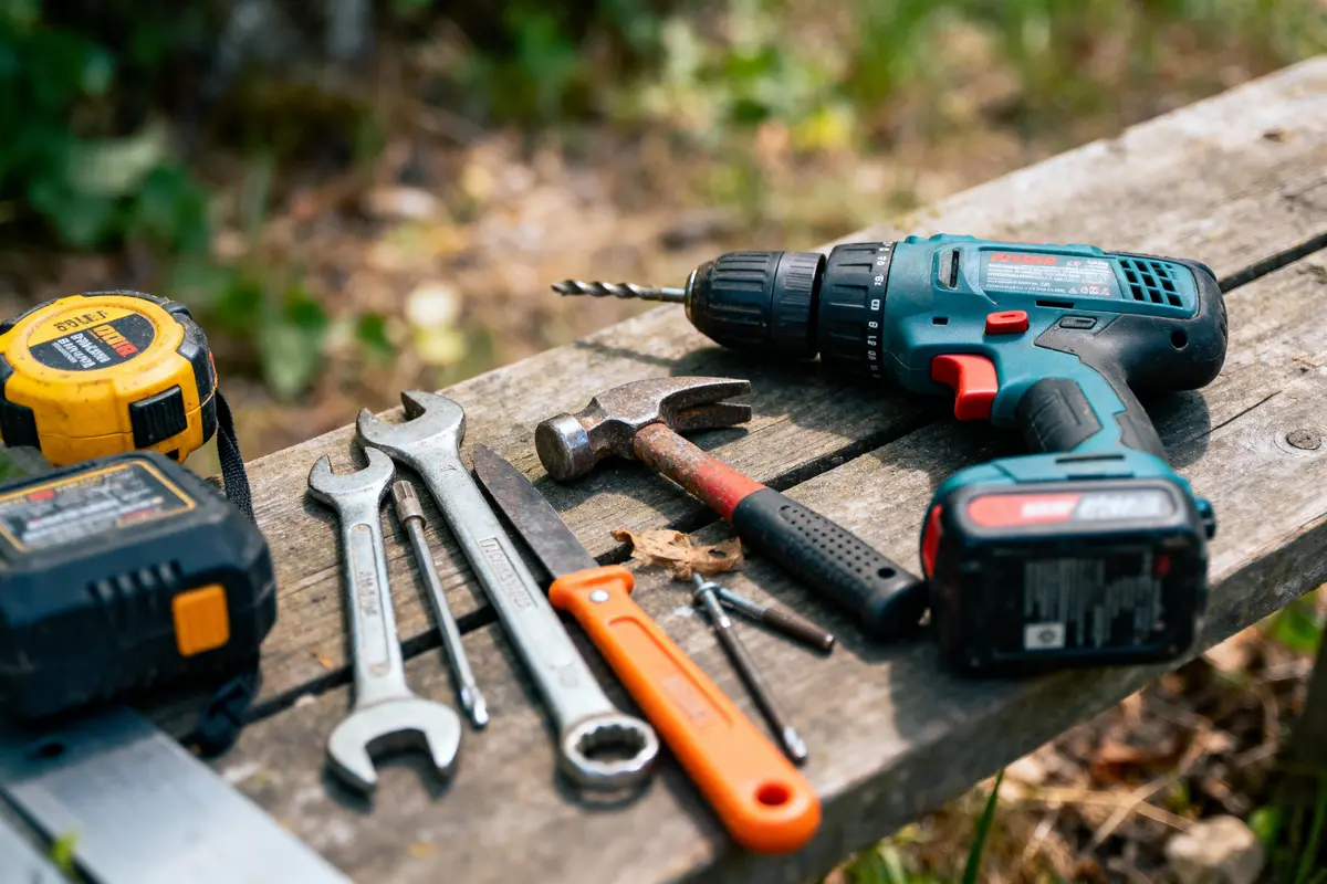 Outils sur une table en bois : perceuse, marteau, clés, tournevis, mètre ruban. Fond flou extérieur nature.