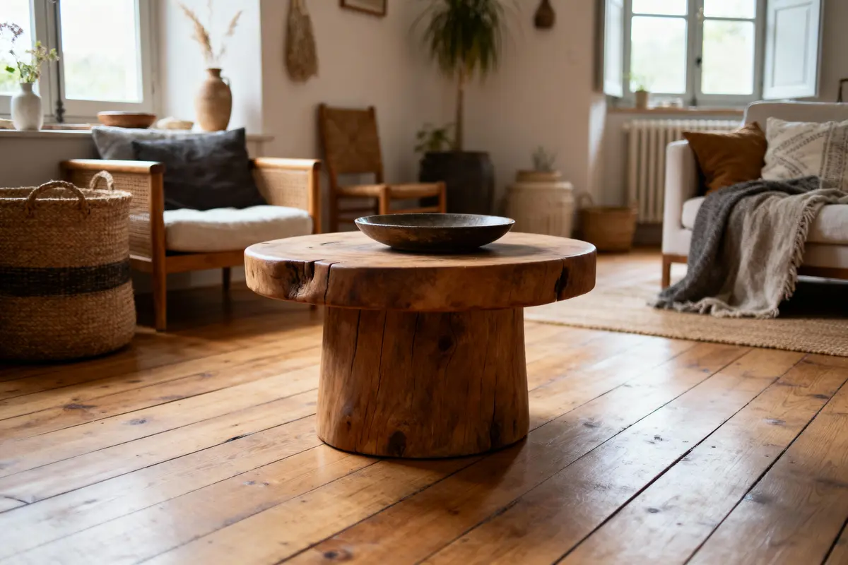 Salon moderne avec table basse en bois massif, décoration naturelle, fauteuils et coussins, atmosphère chaleureuse et lumineuse.