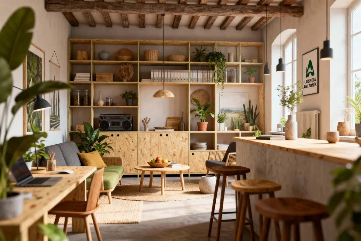 Intérieur scandinave moderne avec étagères, plantes, canapé, table basse, éclairage suspendu et décor rustique en bois.