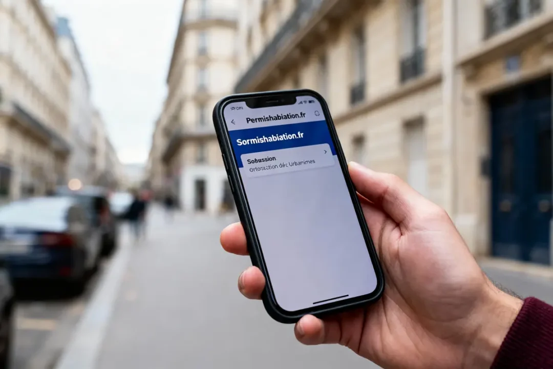 Une main tient un smartphone affichant un site web, rue urbaine floue en arrière-plan.