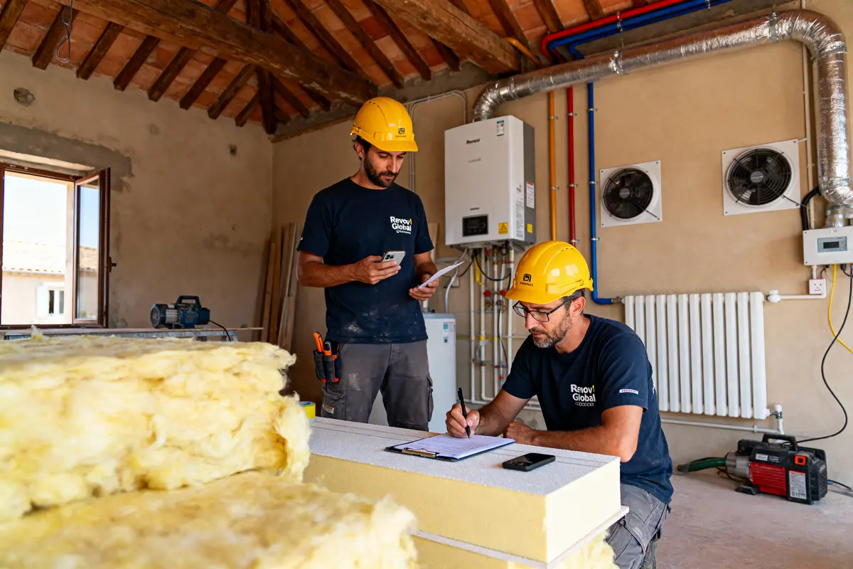 Deux ouvriers en casques jaunes travaillent, notent des informations. Présence de matériaux isolants, équipements techniques.