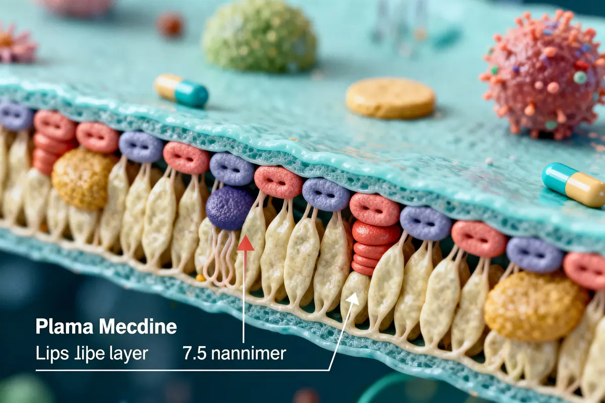 Illustration 3D d'une membrane cellulaire avec protéines, molécules colorées, étiquettes explicatives, et dimensions nanométriques.