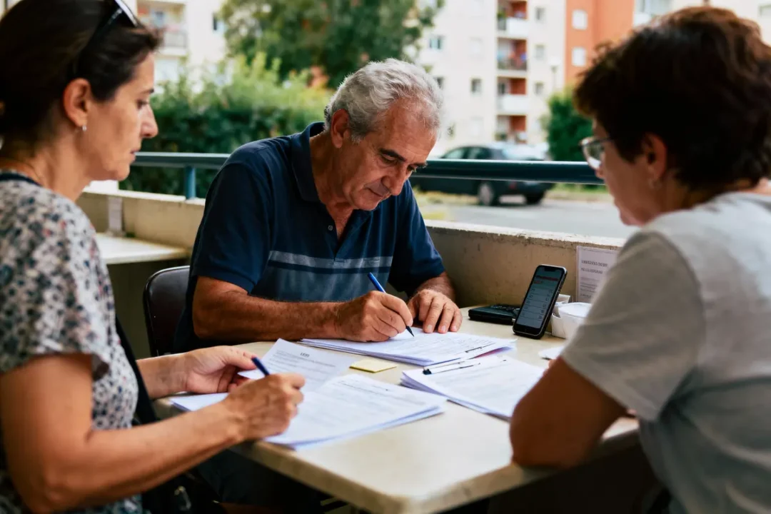 Trois personnes écrivent sur des documents à une table en extérieur, concentrées sur leur activité.