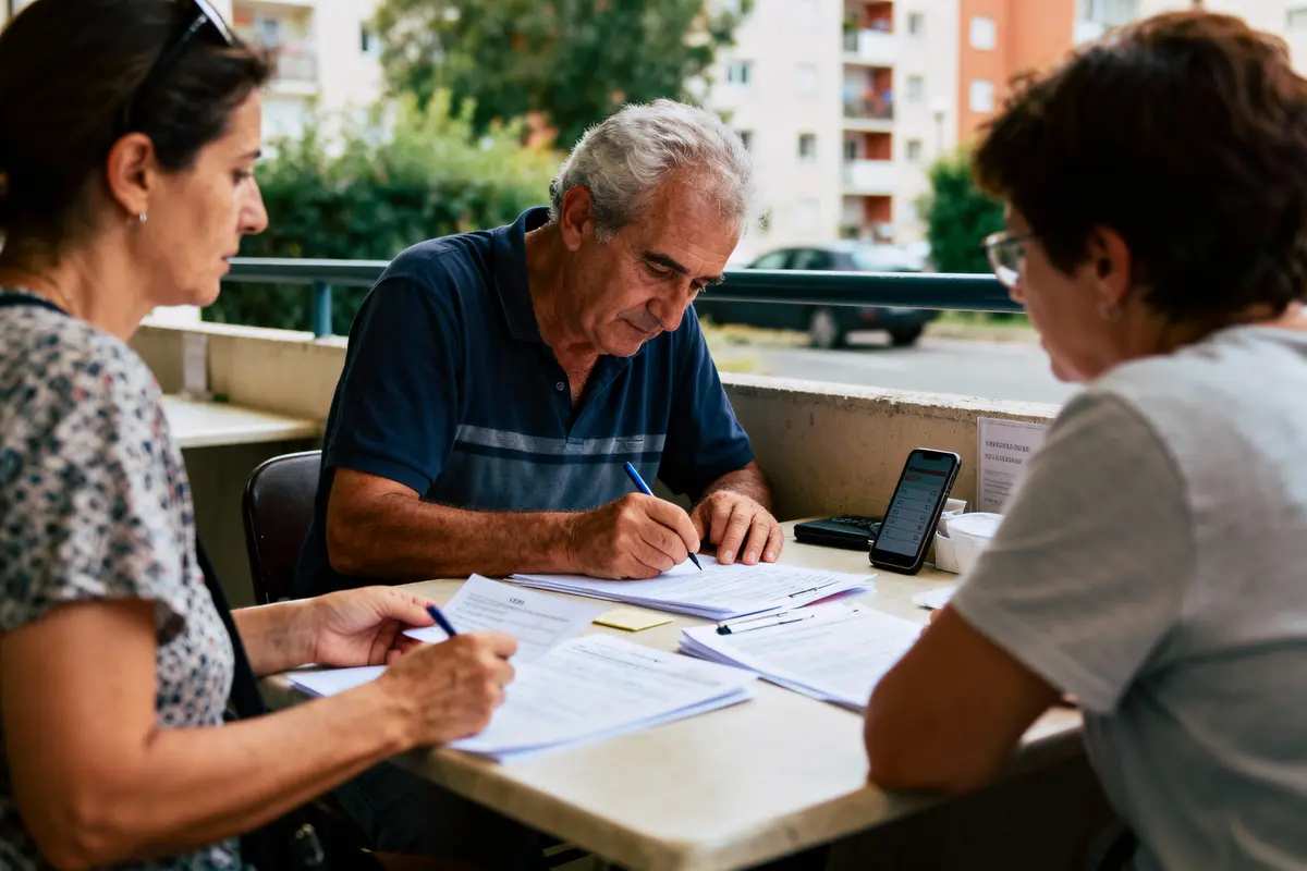 Trois personnes écrivent sur des documents à une table en extérieur, concentrées sur leur activité.