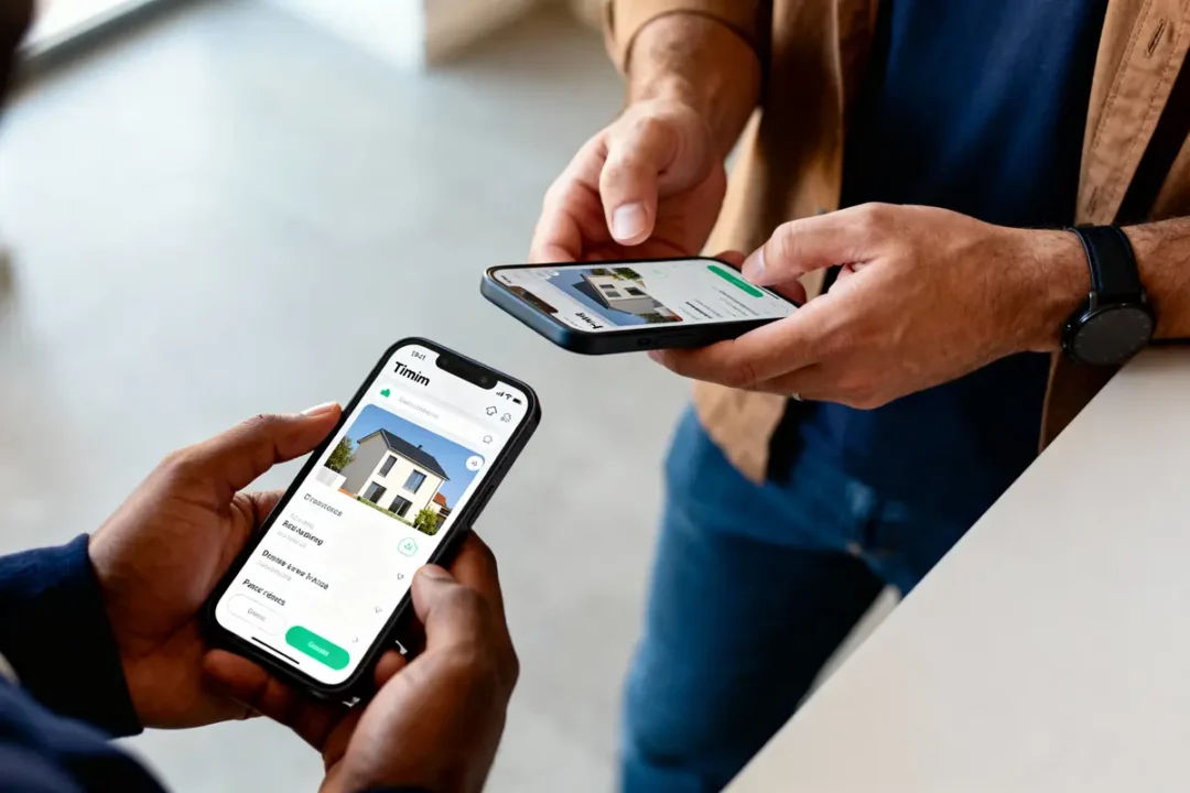 Deux personnes utilisant des smartphones, consultent applications avec une photo de maison affichée sur les écrans.