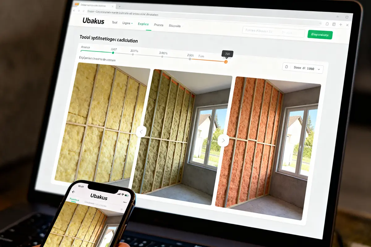 Écran et téléphone affichant des matériaux d'isolation murale avec l'application Ubakus.