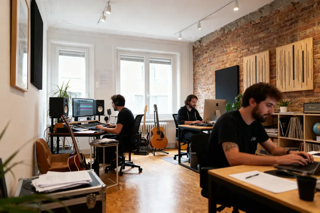 Trois personnes travaillent sur des ordinateurs dans un studio moderne avec guitares et équipements audio.