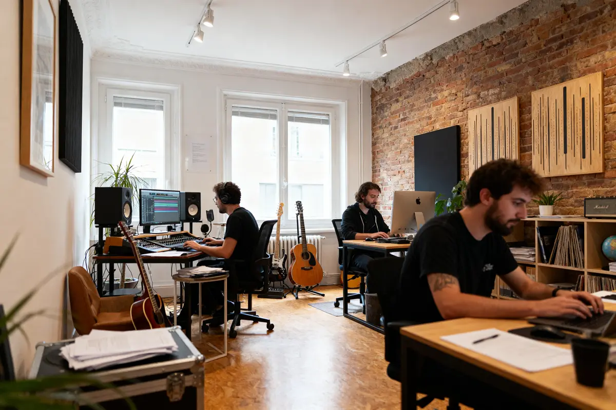 Trois personnes travaillent sur des ordinateurs dans un studio moderne avec guitares et équipements audio.
