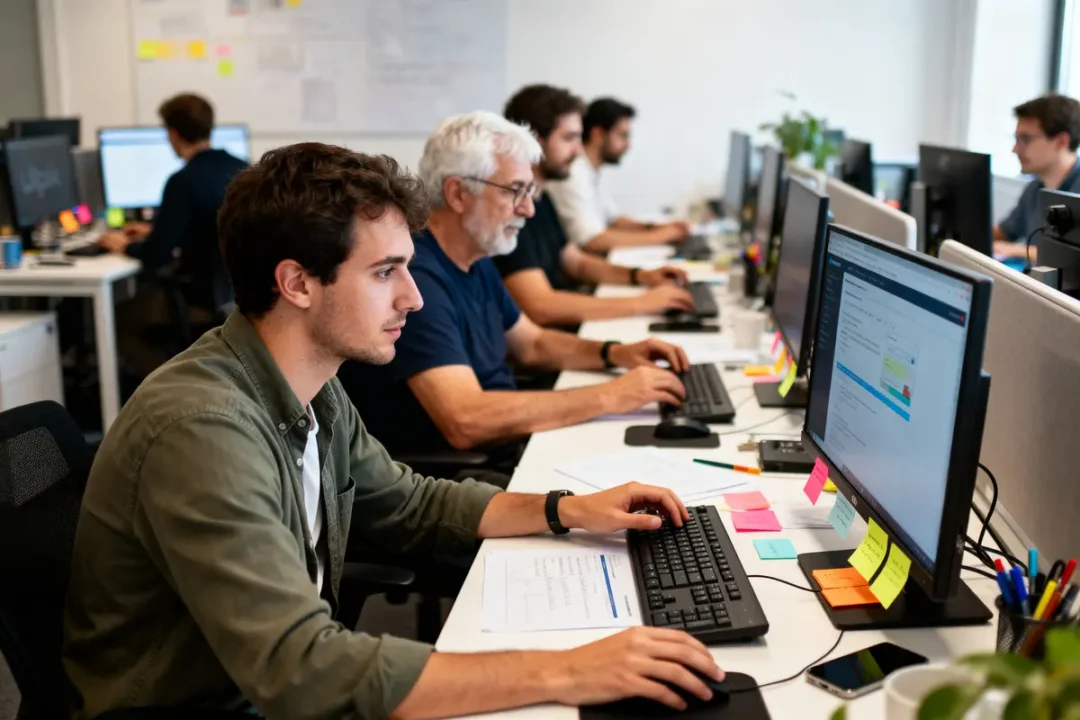 Des personnes travaillent sur des ordinateurs dans un bureau moderne, entourées de post-it colorés et de documents.