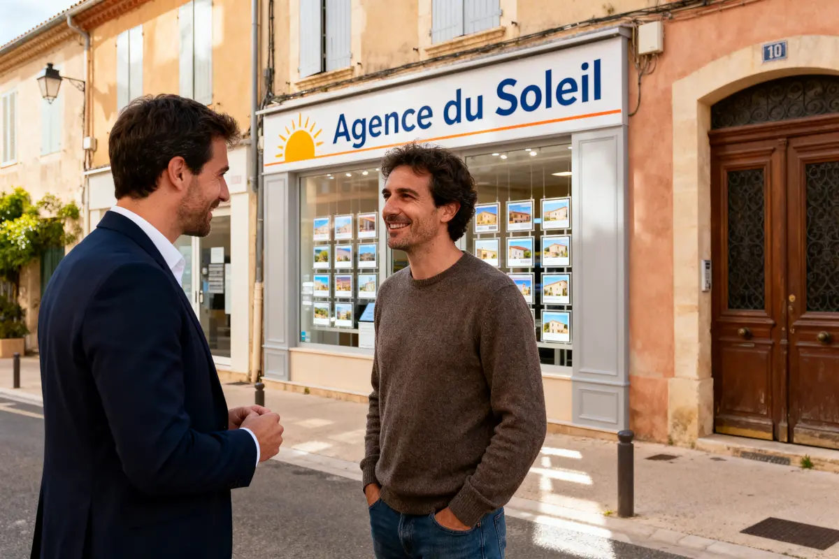 Deux hommes discutant devant l'Agence du Soleil, vitrine affichant des photos de biens immobiliers.