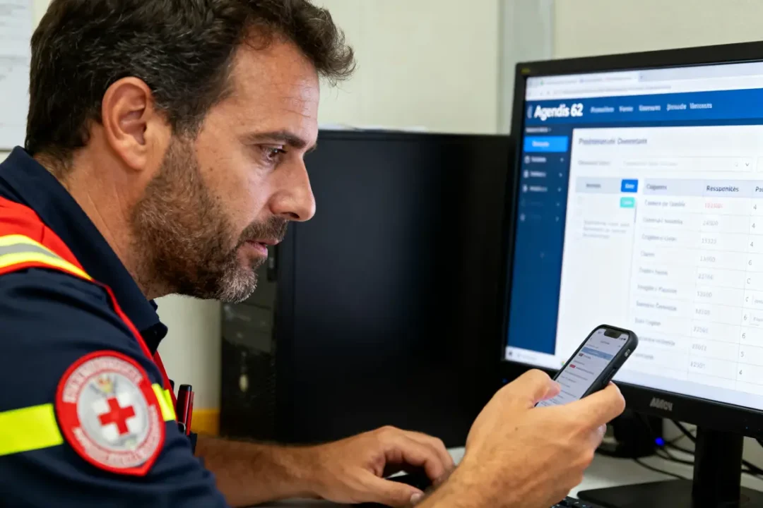 Un homme en uniforme consulte smartphone et écran d'ordinateur avec logiciel de gestion Agendis 62.