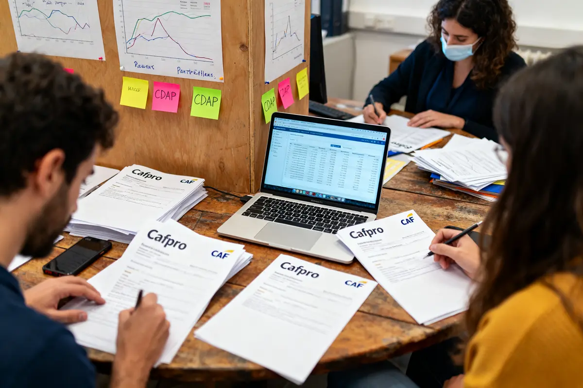 Groupe de personnes travaillant sur des documents "Cafpro", ordinateur portable et graphiques sur table en bois.
