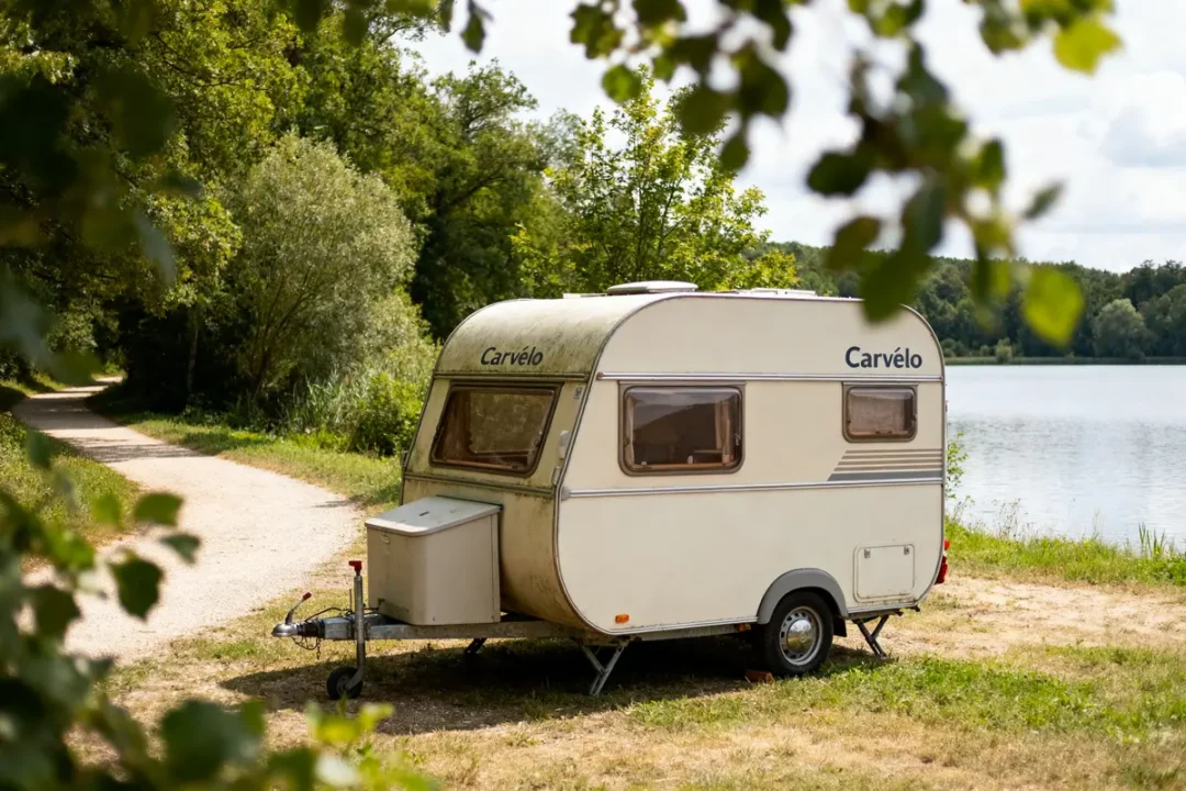 Caravane beige "Carvélo" près d'un lac, entourée d'arbres et d'un chemin de terre.