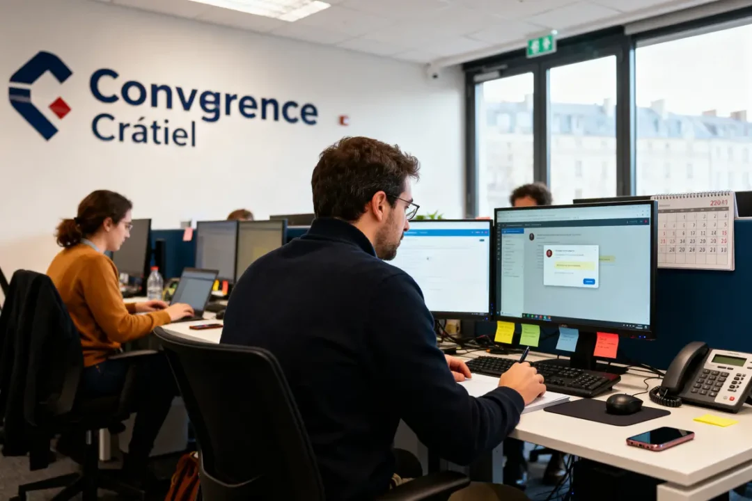 Employés travaillant sur ordinateurs dans un bureau moderne, avec le logo "Convergence Crâtiel" au mur.