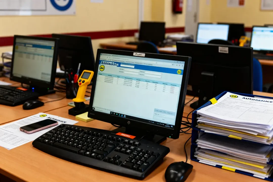 Bureau avec ordinateurs, documents Autoélice empilés, souris et téléphone sur table en bois dans un espace de travail.