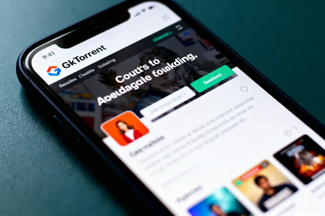 Écran de smartphone ouvert sur le site GkTorrent, affichant du texte et des images.