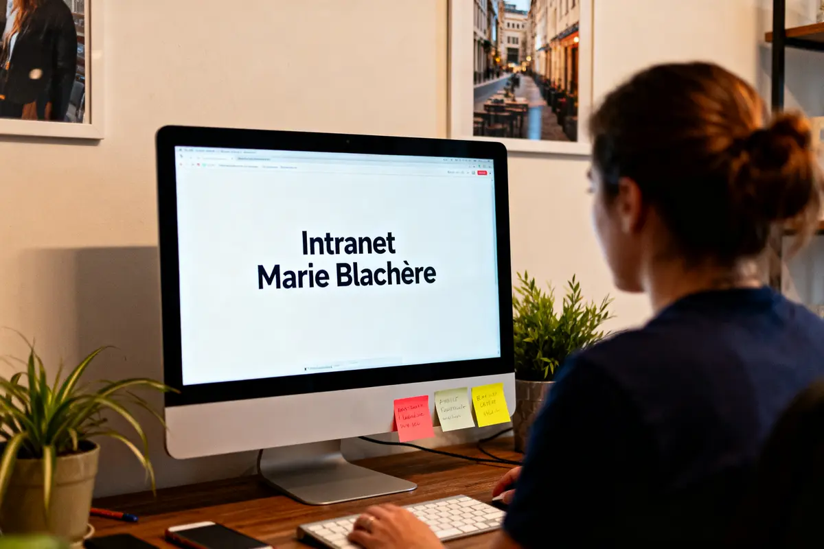 Femme travaillant sur ordinateur affichant "Intranet Marie Blachère" dans un bureau avec plantes et photos murales.