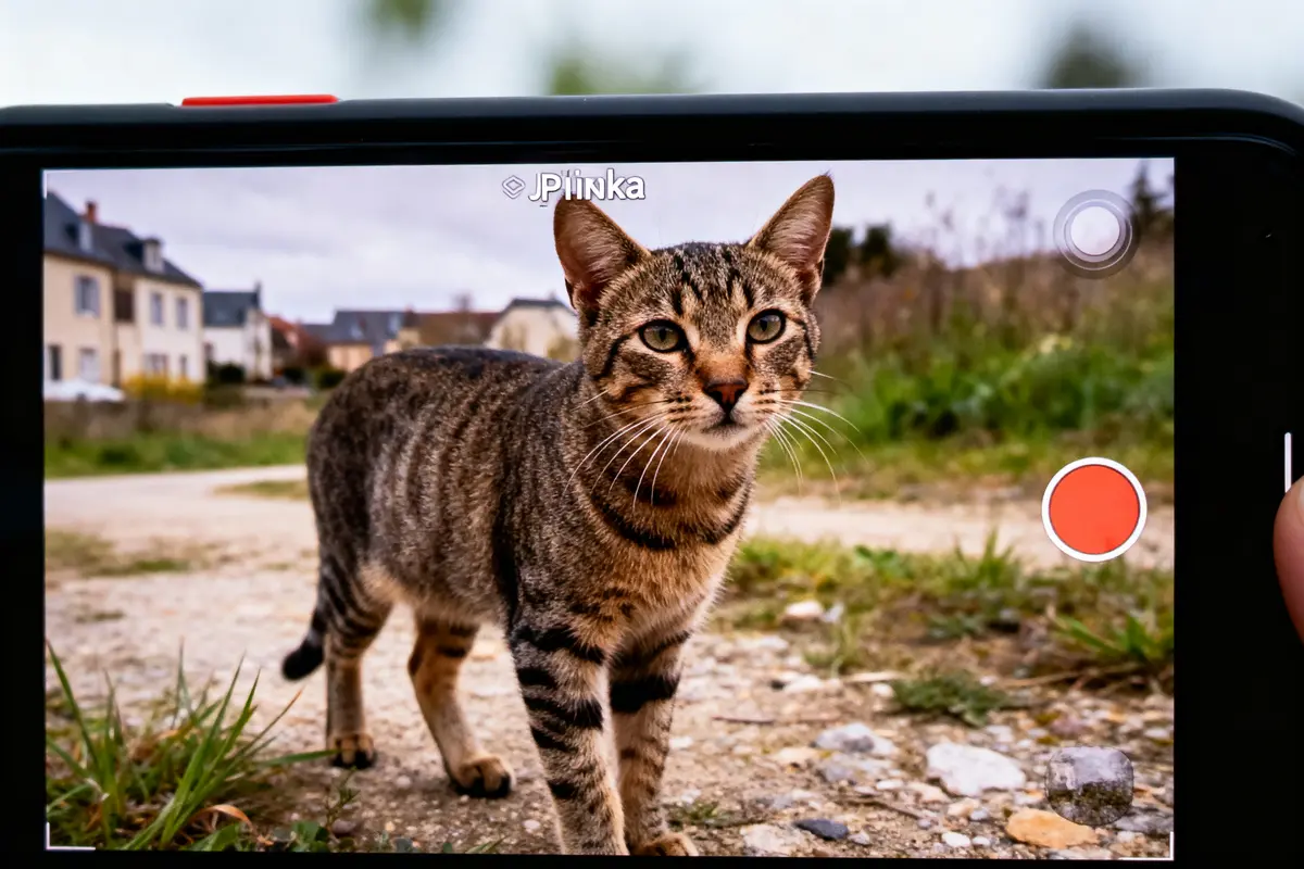 Gros plan d'un chat tabby sur écran de smartphone, avec arrière-plan extérieur flou.
