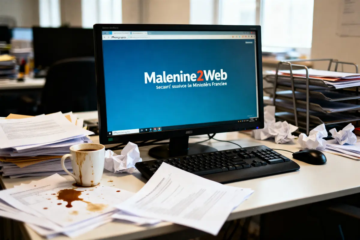Écran d'ordinateur affichant "Malenine2Web", bureau avec papiers, tasse renversée, clavier et souris.