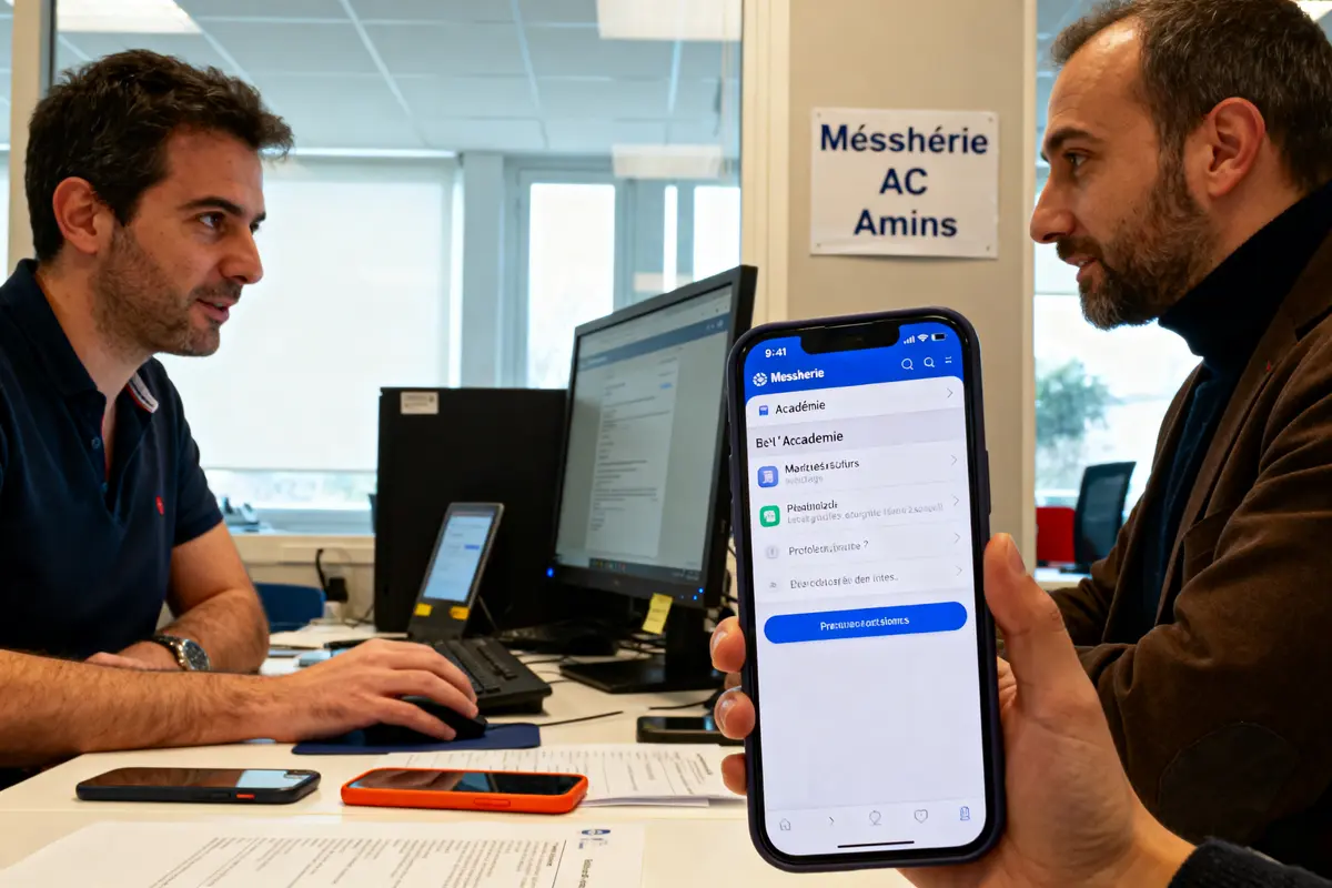 Deux personnes discutent devant des ordinateurs, avec téléphone affichant une application de messagerie.