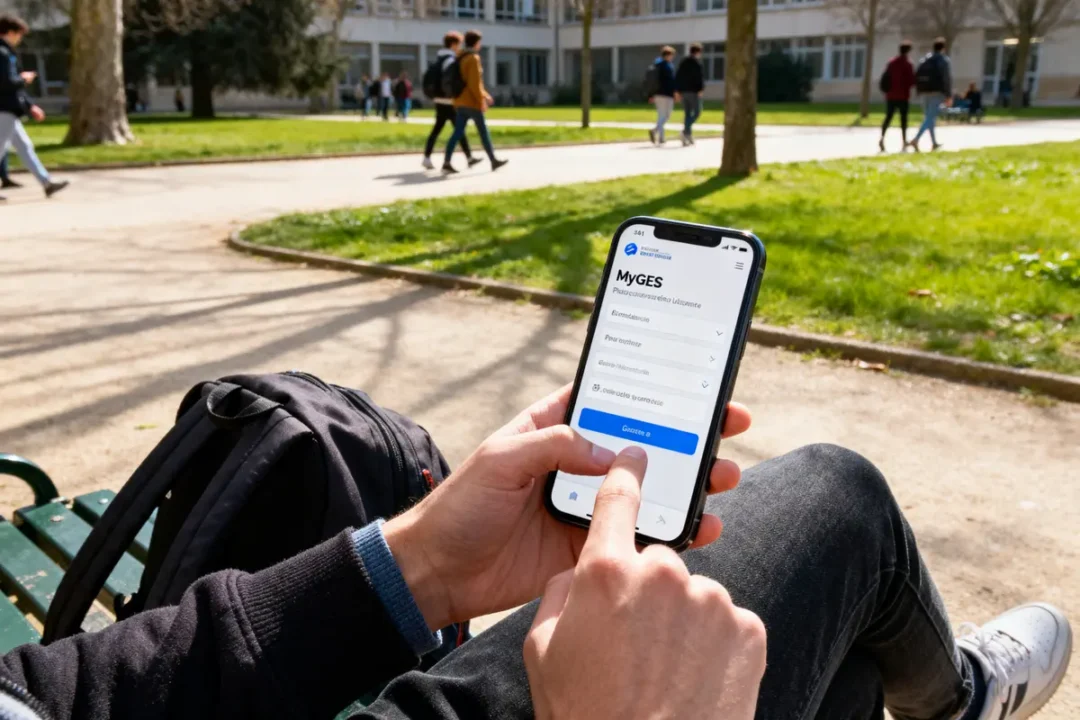 Personne utilisant l'application MyGES sur un smartphone dans un parc, étudiants marchant en arrière-plan.