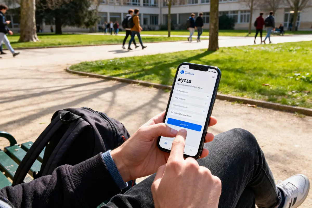 Personne utilisant l'application MyGES sur un smartphone dans un parc, étudiants marchant en arrière-plan.
