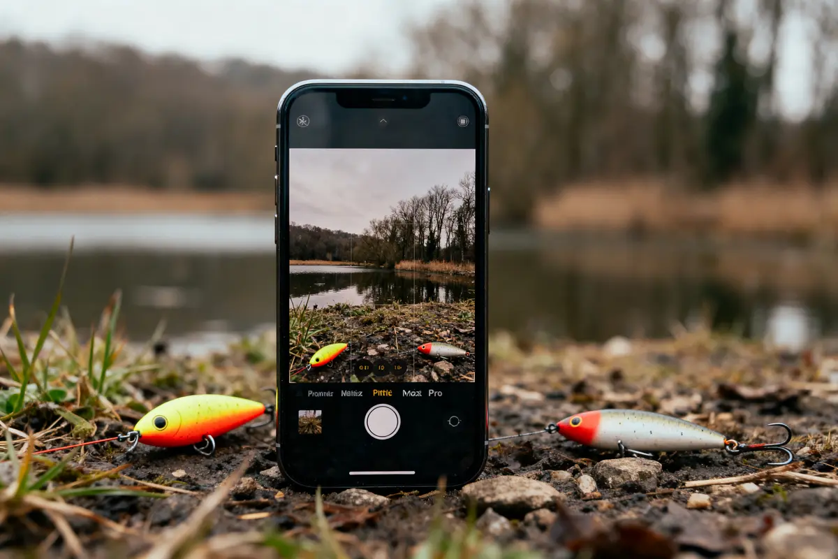 Smartphone photographiant un paysage de lac, leurres de pêche colorés au sol, arbres en arrière-plan.