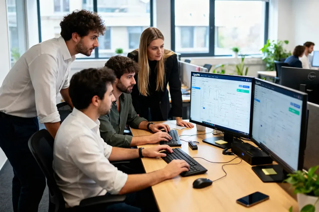 Quatre personnes collaborent devant des écrans d'ordinateur dans un bureau moderne, travaillant sur un projet numérique.