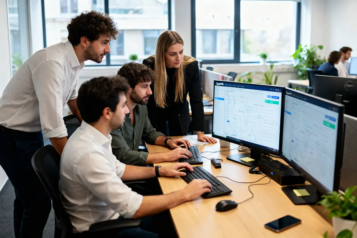 Quatre personnes collaborent devant des écrans d'ordinateur dans un bureau moderne, travaillant sur un projet numérique.